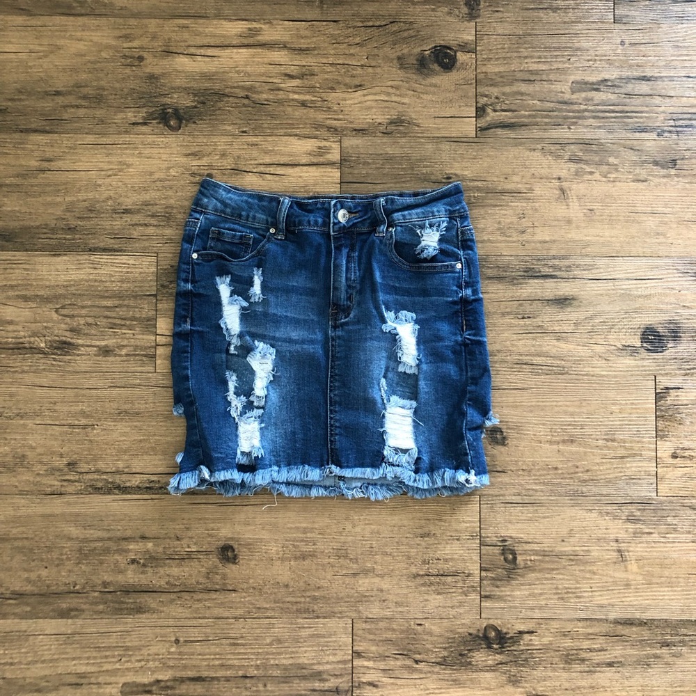 Distressed denim skirt